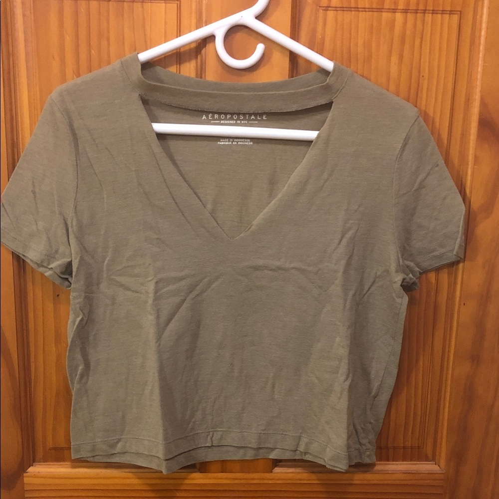 Women Aeropostale Olive V-Neck Short Sleeve Tee